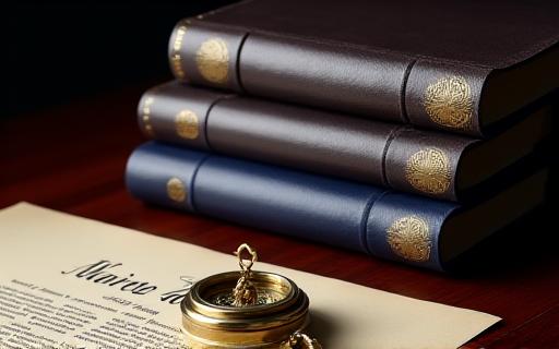Stacked legal folders and blueprinters on a wooden desk with a maritime compass