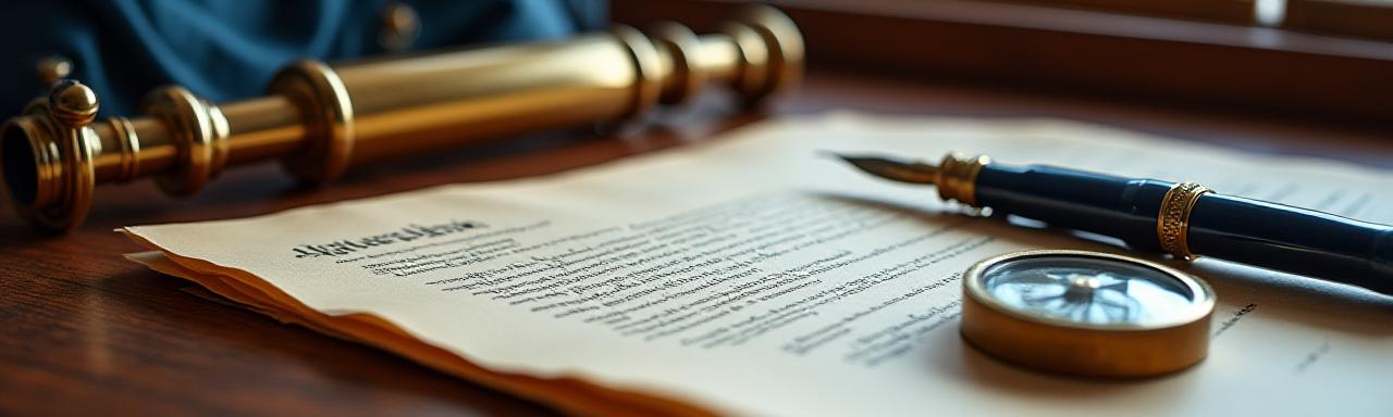 Antique navigation tools and a quill on a lawyer's desk